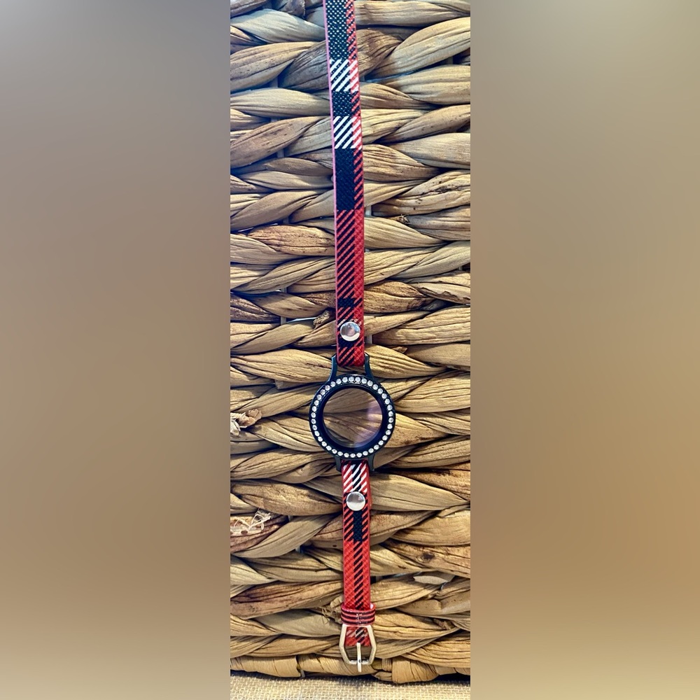 New Origami Owl Plaid Leather Wrap Bracelet w/ Black & Crystal Locket & Face.